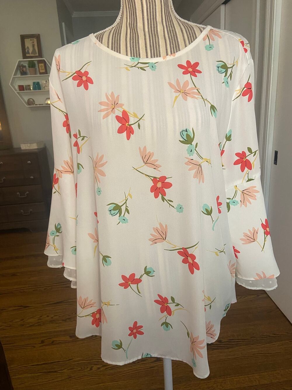Van Heusen ivory multi floral print blouse with bracelet length flutter sleeves